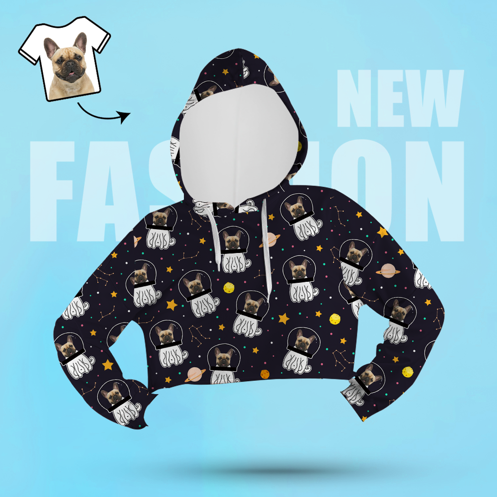 Custom Face Women's Cropped Hoodie Casual Printed Photo Black Pullover - Space Dog - MyFaceSocksUK