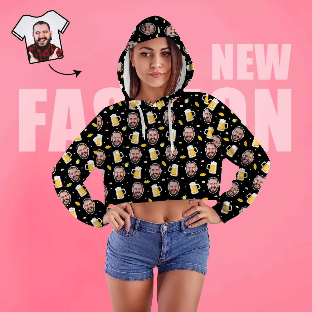 Custom Face Women's Cropped Hoodie Casual Printed Photo Black Pullover - Beer - MyFaceSocksUK