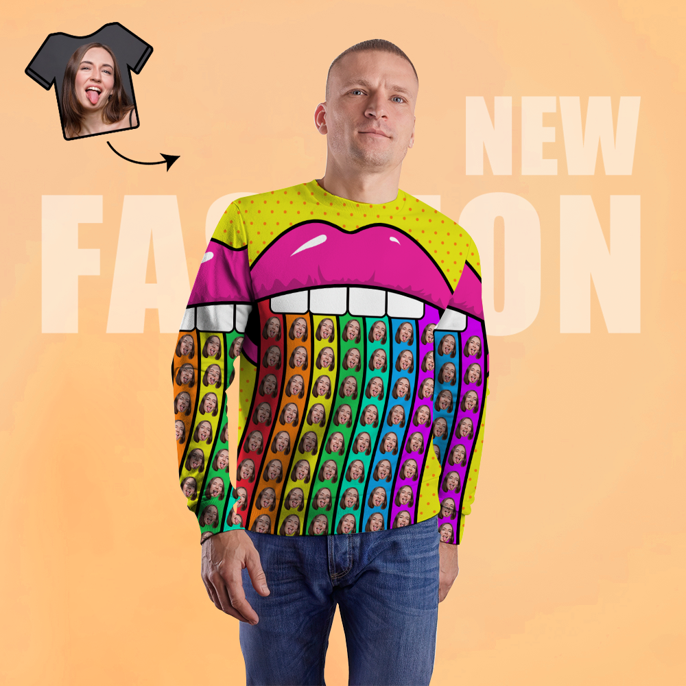 Custom Face Unisex Sweatshirt Casual Printed Photo Crewneck Shirt For Men Women - Rainbow Lips - MyFaceSocksUK
