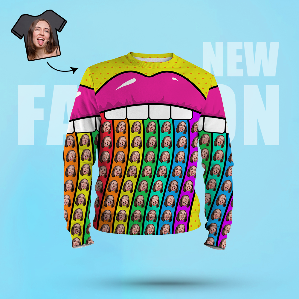 Custom Face Unisex Sweatshirt Casual Printed Photo Crewneck Shirt For Men Women - Rainbow Lips - MyFaceSocksUK