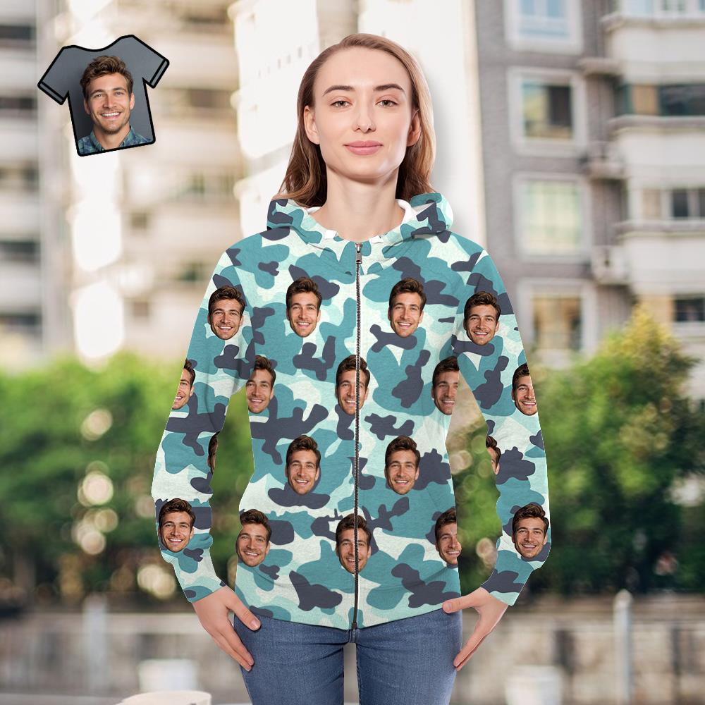 Custom Face Unisex Hoodie Casual Printed Turquoise Camouflage - MyFaceSocksUK