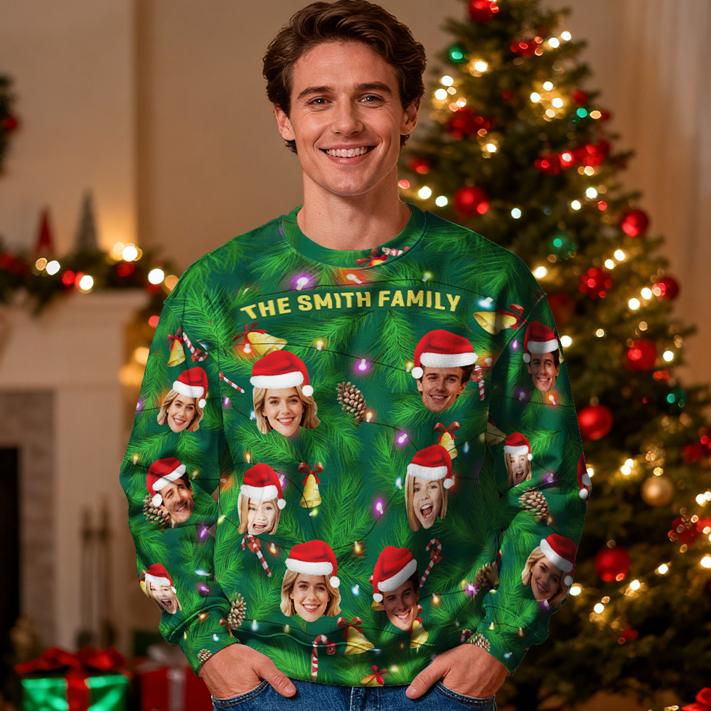 Custom Face Round Neck Hoodie Personalized Photo Gift For Family Christmas Light Bulbs Sweater - MyFaceSocksUK