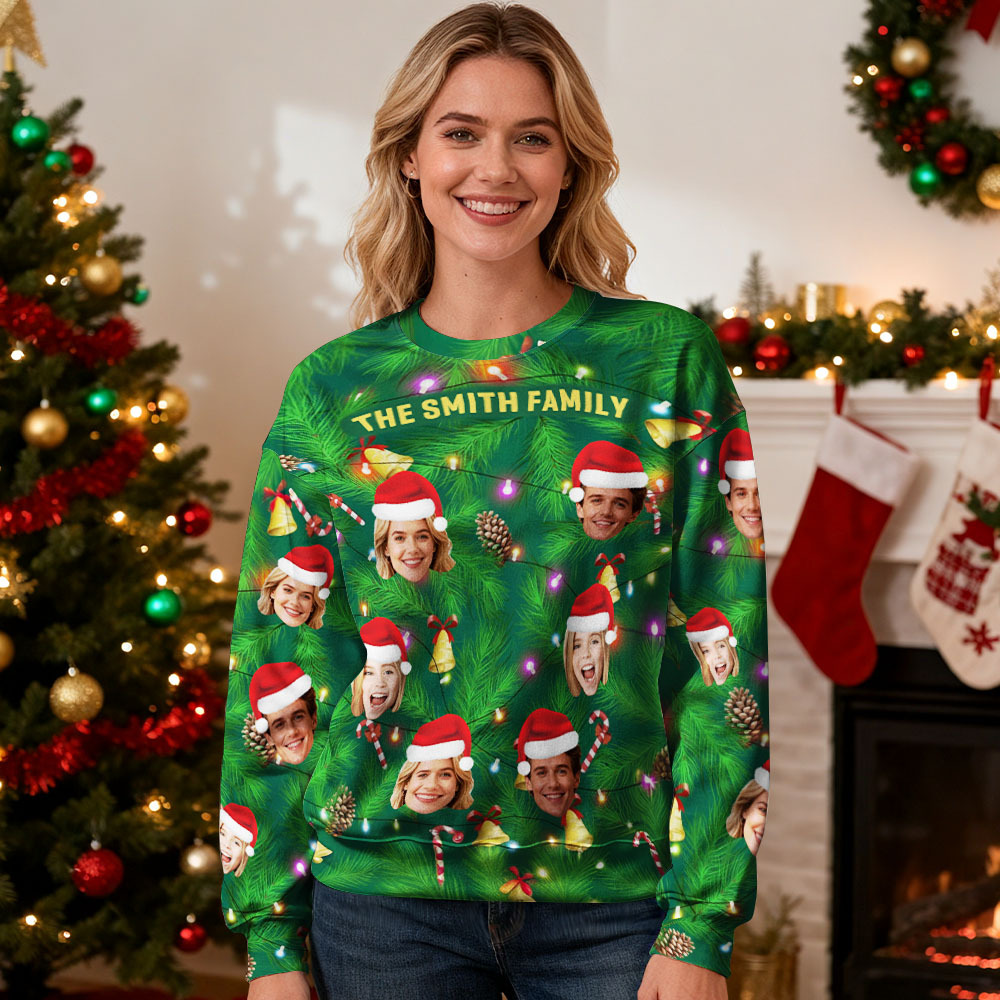 Custom Face Round Neck Hoodie Personalized Photo Gift For Family Christmas Light Bulbs Sweater - MyFaceSocksUK