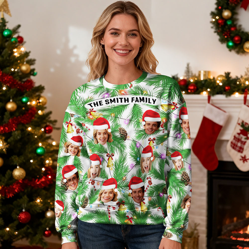 Custom Face Round Neck Hoodie Personalized Photo Gift For Family Christmas Light Bulbs Sweater - MyFaceSocksUK
