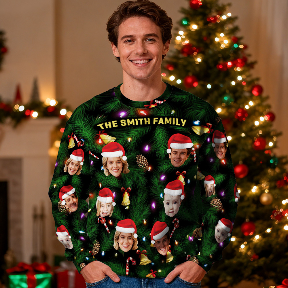 Custom Face Round Neck Hoodie Personalized Photo Gift For Family Christmas Light Bulbs Sweater - MyFaceSocksUK