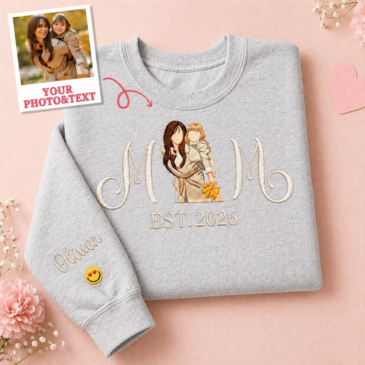 Custom Embroidered Mum Sweatshirt with Mum Kids Portrait - MyFaceSocksUK