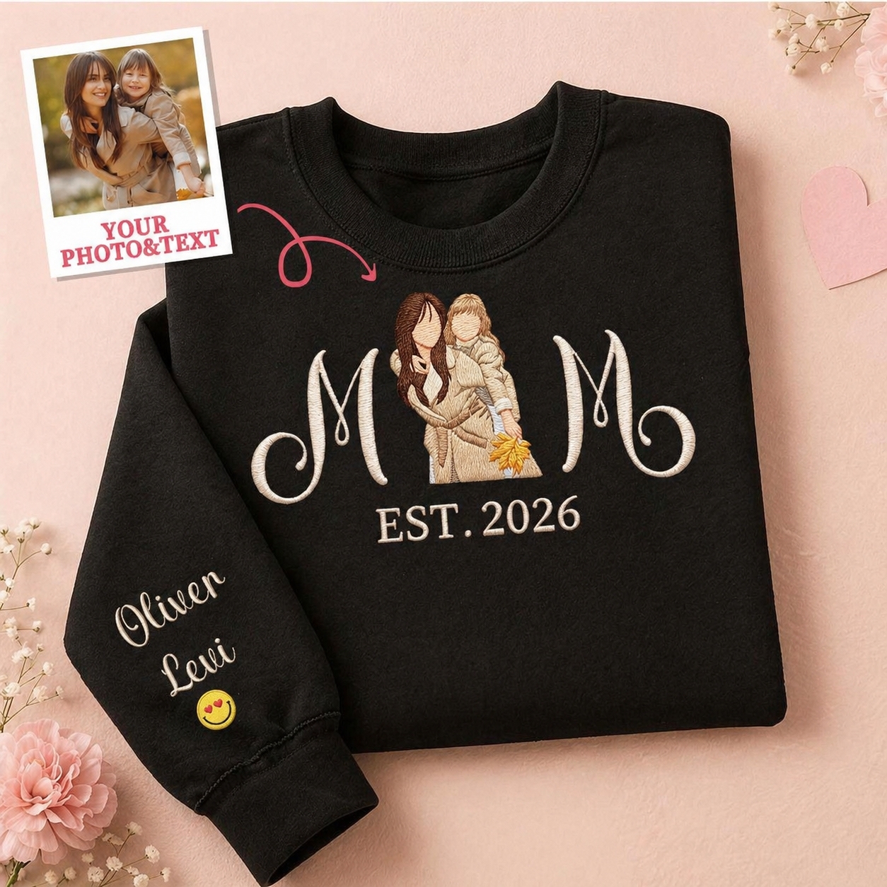 Custom Embroidered Mum Sweatshirt with Mum Kids Portrait - MyFaceSocksUK
