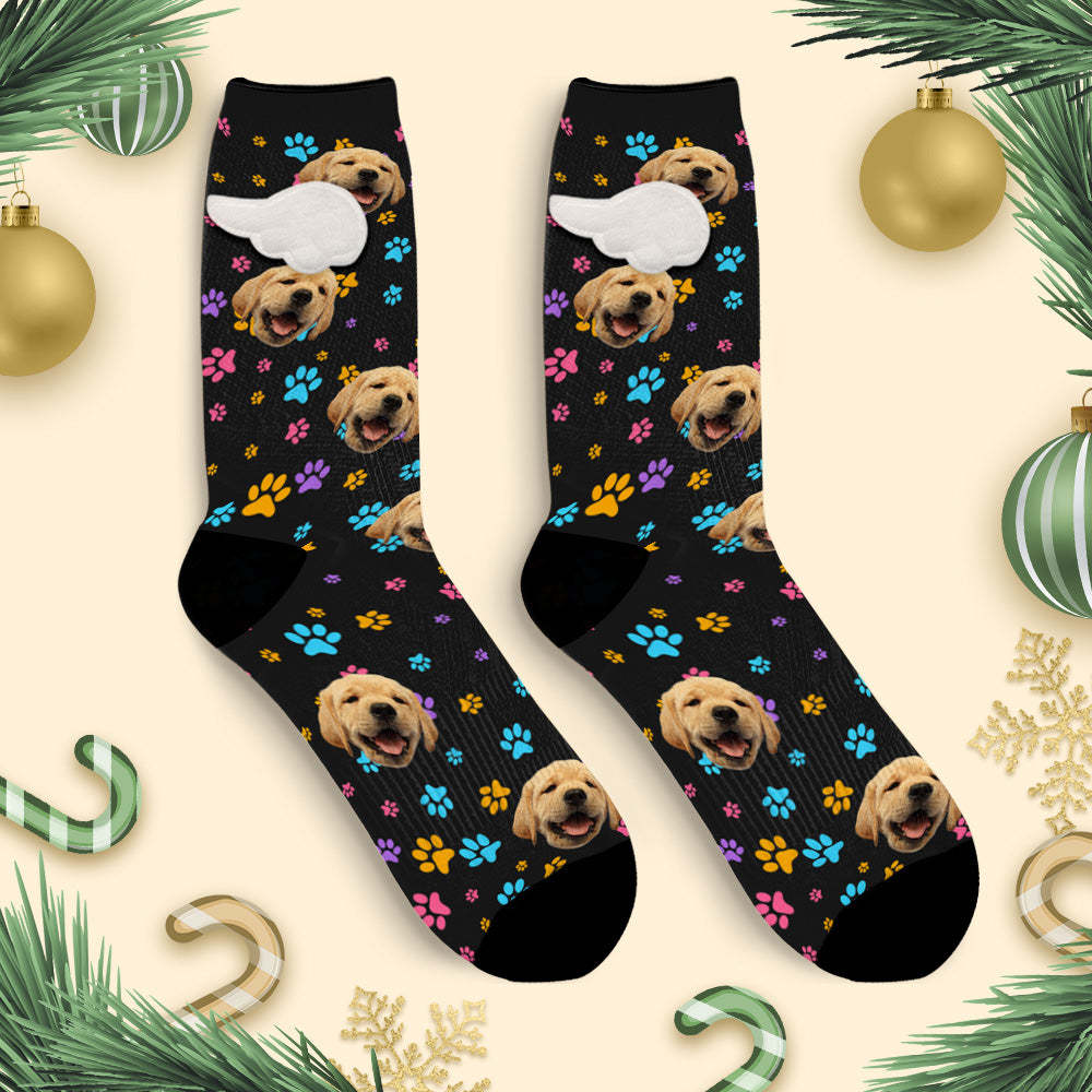 Custom Dog Face Socks Colorful Dog Paw Prints 3D Magnetic Wing Socks for Pet Lover - MyFaceSocksUK