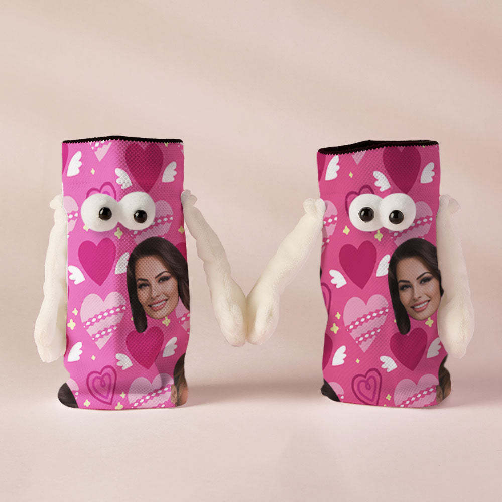 Custom Face Socks Funny Doll Mid Tube Socks Magnetic Holding Hands Socks Pink Heart Valentine's Day Gifts - MyFaceSocksUK