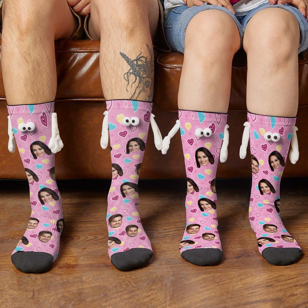 Custom Face Socks Funny Doll Mid Tube Pink Socks Magnetic Holding Hands Socks Valentine's Day Gifts - MyFaceSocksUK