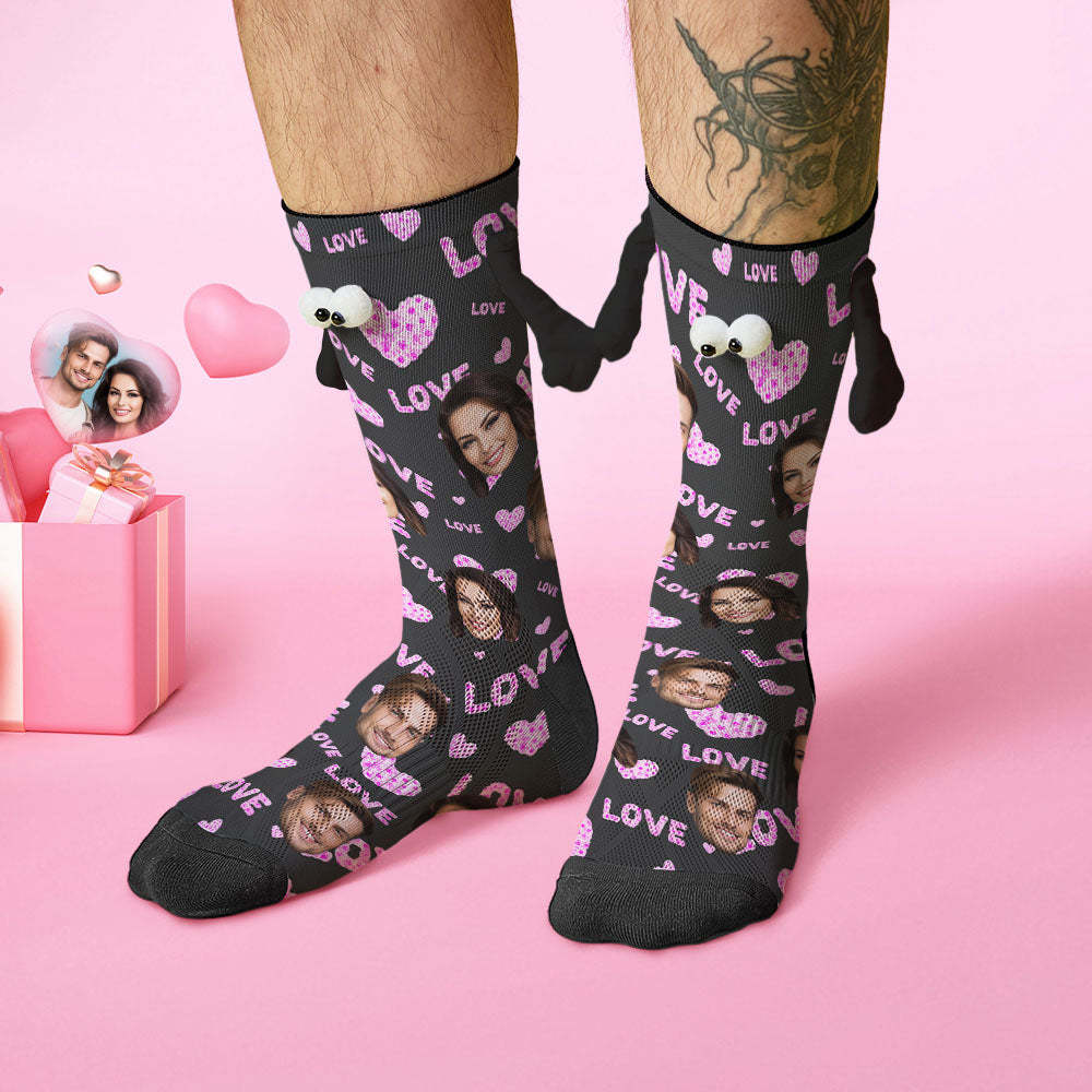 Custom Face Socks Funny Doll Mid Tube Black Socks Magnetic Holding Hands Socks Pink Love Valentine's Day Gifts - MyFaceSocksUK