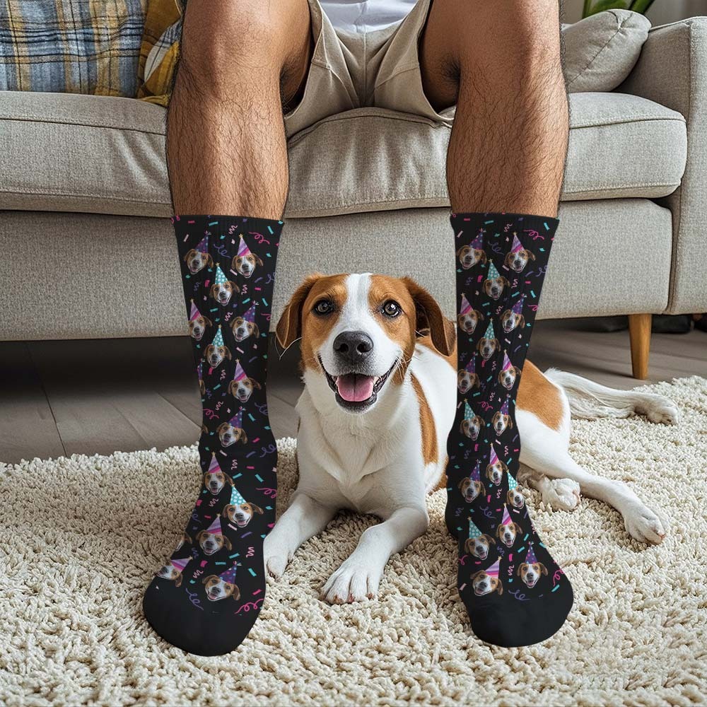 Personalized Face Photo Printed Socks Happy Birthday Hat White Socks Personalized Custom Designs Best Gift Idea - MyFaceSocksUK