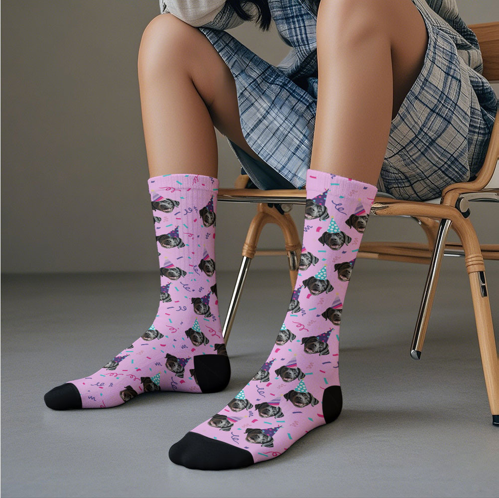Personalized Face Photo Printed Socks Happy Birthday Hat White Socks Personalized Custom Designs Best Gift Idea - MyFaceSocksUK