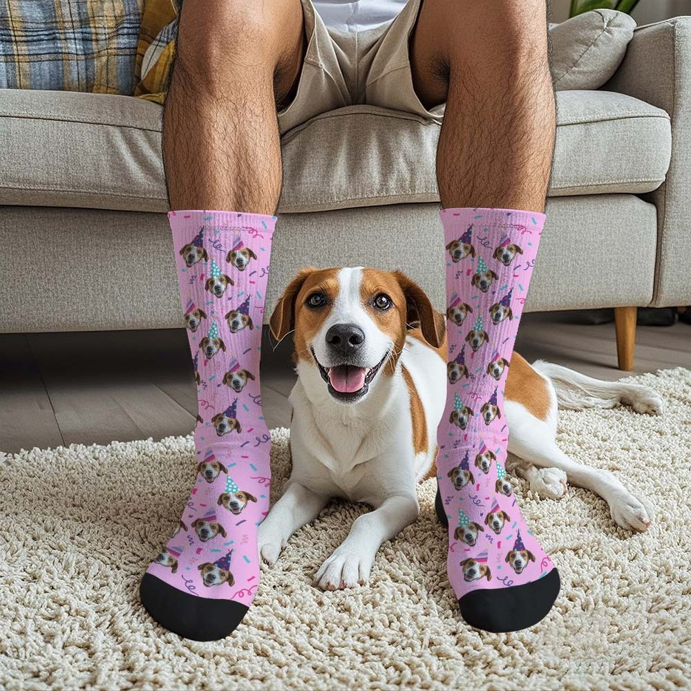 Personalized Face Photo Printed Socks Happy Birthday Hat White Socks Personalized Custom Designs Best Gift Idea - MyFaceSocksUK