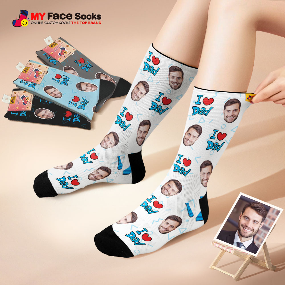 Custom I Love Dad Photo Print Socks Colorful  Dad Socks Personalized Custom Design Best Fathers Day Gift - MyFaceSocksUK