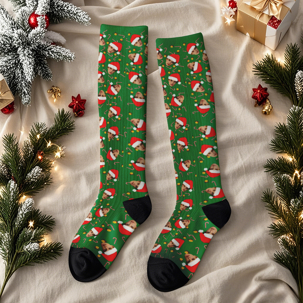 Custom Tree Gift Knee-high Socks Christmas Present Socks Custom Face Knee High Socks Fun Gift for Family Friends & Lovers - MyFaceSocksUK