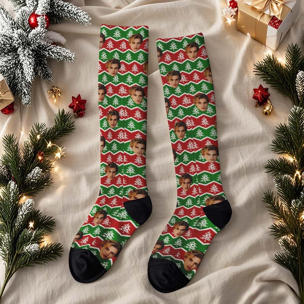 Custom Face Knee High Socks Personalized Vintage Warm Socks Merry Christmas for Lover Christmas Gifts - MyFaceSocksUK