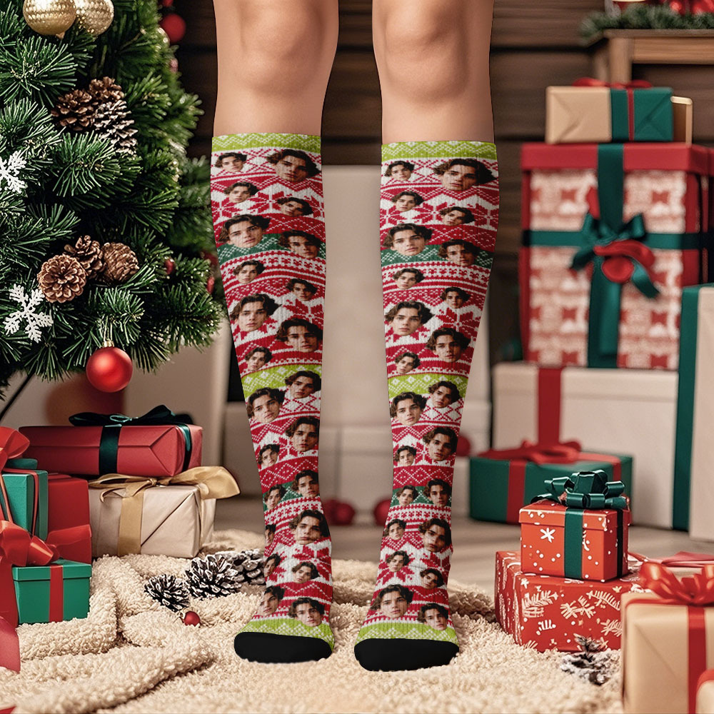 Custom Face Knee High Socks Personalized Vintage Warm Socks Merry Christmas for Lover Christmas Gifts - MyFaceSocksUK