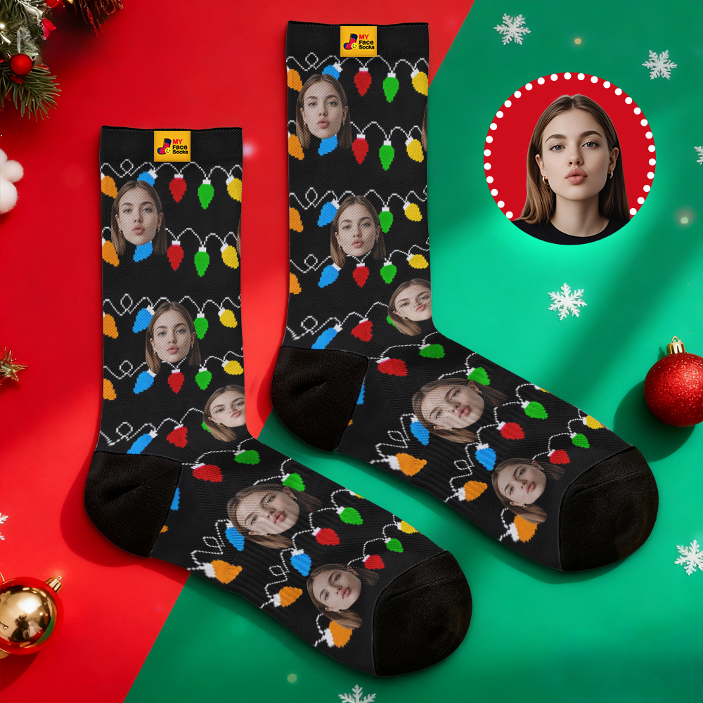 Custom Multicolor Christmas Light Socks Personalized Socks  Perfect Family Holiday Gift Christmas Socks Gift - MyFaceSocksUK