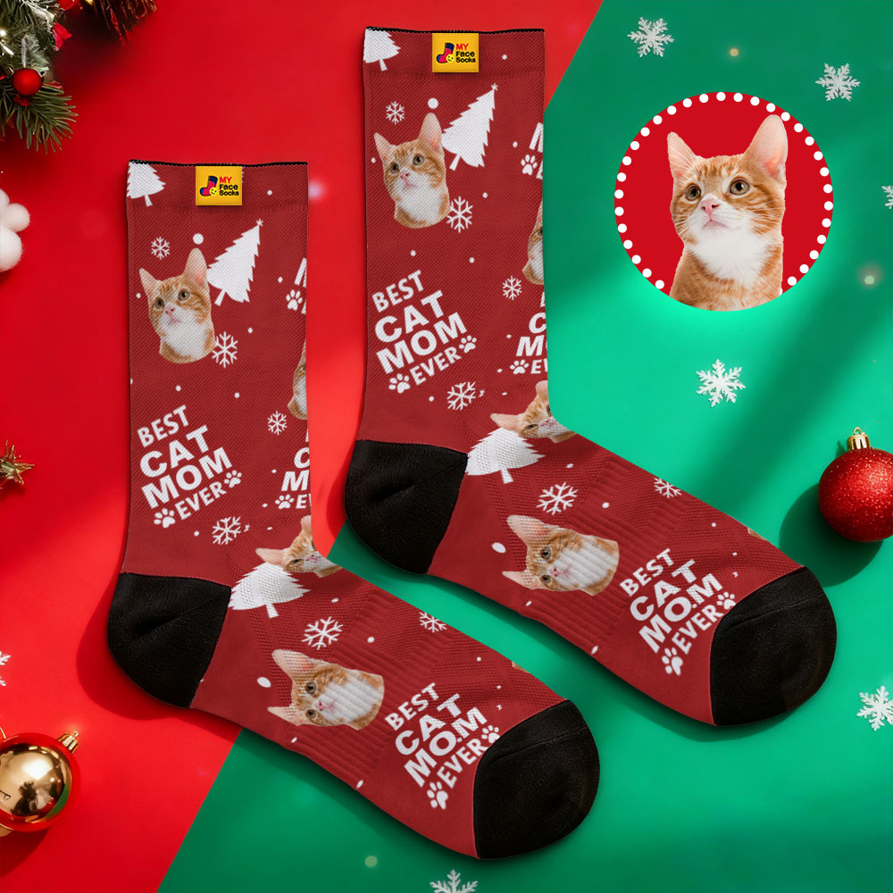 Personalized Pet Cat Theme Socks Christmas Socks Custom Best Cat Mom Socks Pet Lover Santa Socks Gift - MyFaceSocksUK