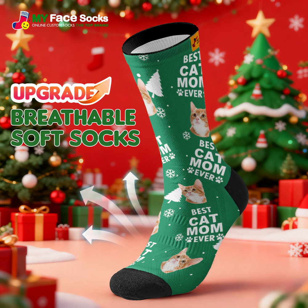 Personalized Pet Cat Theme Socks Christmas Socks Custom Best Cat Mom Socks Pet Lover Santa Socks Gift - MyFaceSocksUK