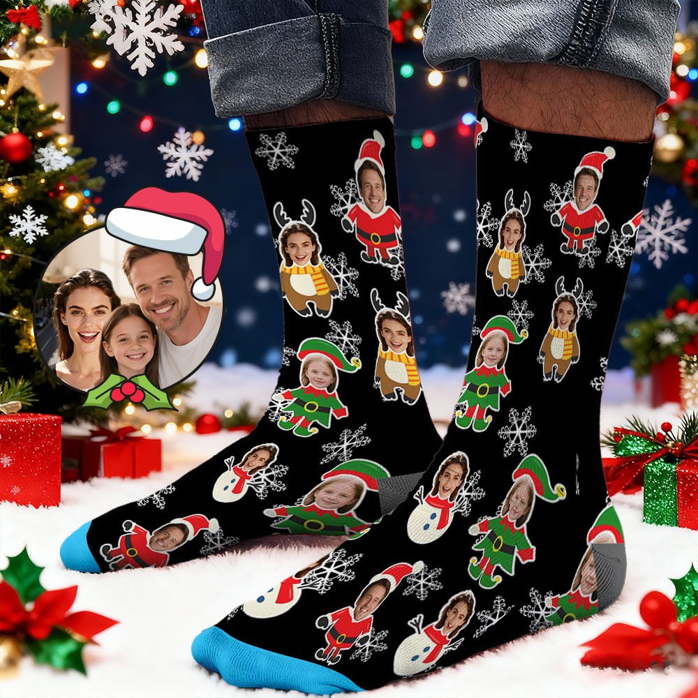 Custom Face Printed Socks Christmas Gift Snowflake Deer Pattern Personalized Custom Designs Best Santa Gift Idea - MyFaceSocksUK