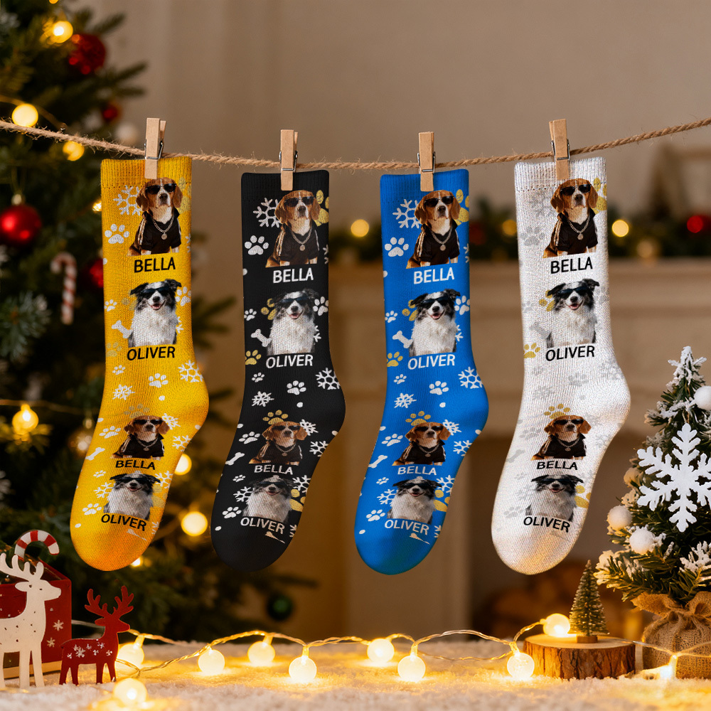 Custom Cute Pet Photo Christmas Socks for Men and Women Pet Name Socks Santa Style with Multi-Color Choices - MyFaceSocksUK