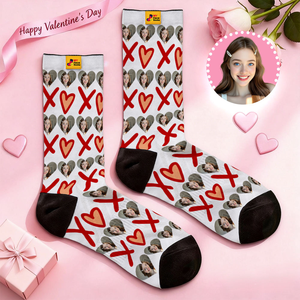 Personalized Red Heart Face Socks Valentine Themed Socks Custom Face Socks Couple Gift - MyFaceSocksUK