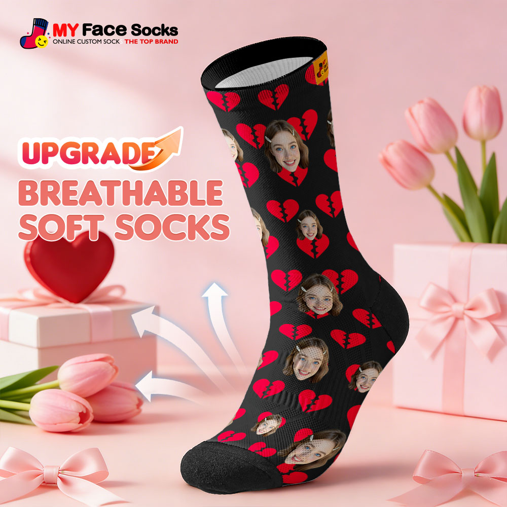 Custom Black Heart Face Socks Personalized Valentine Day Socks with Photo Cute Heart Pattern Couple Gift