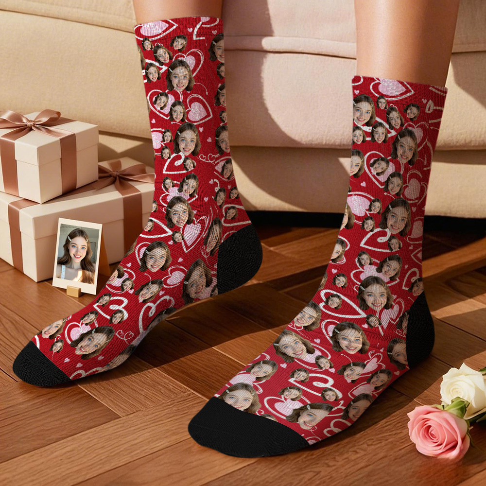 Personalized Face Red Heart Socks Personalized Funny Valentine Face Socks Gift