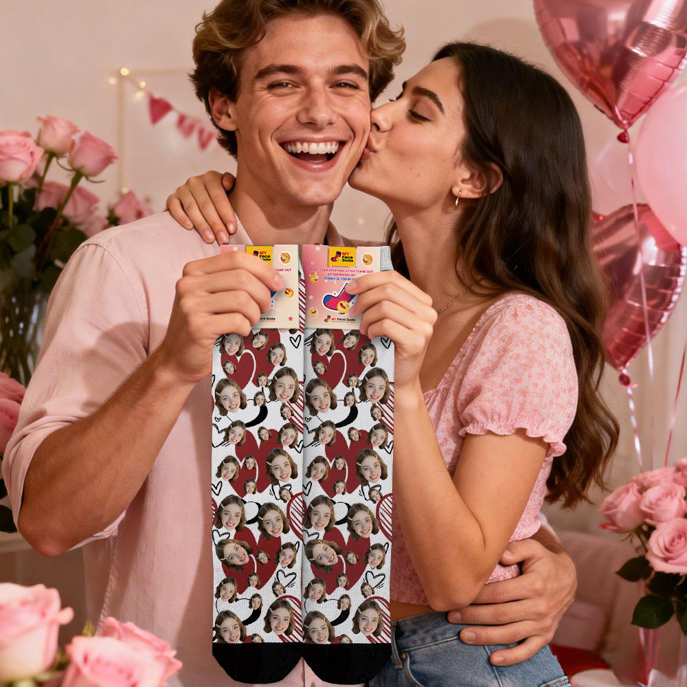 Personalized Valentine Face Socks Gift Custom Red Photo Heart Socks Cute Gift for Him or Her - MyFaceSocksUK