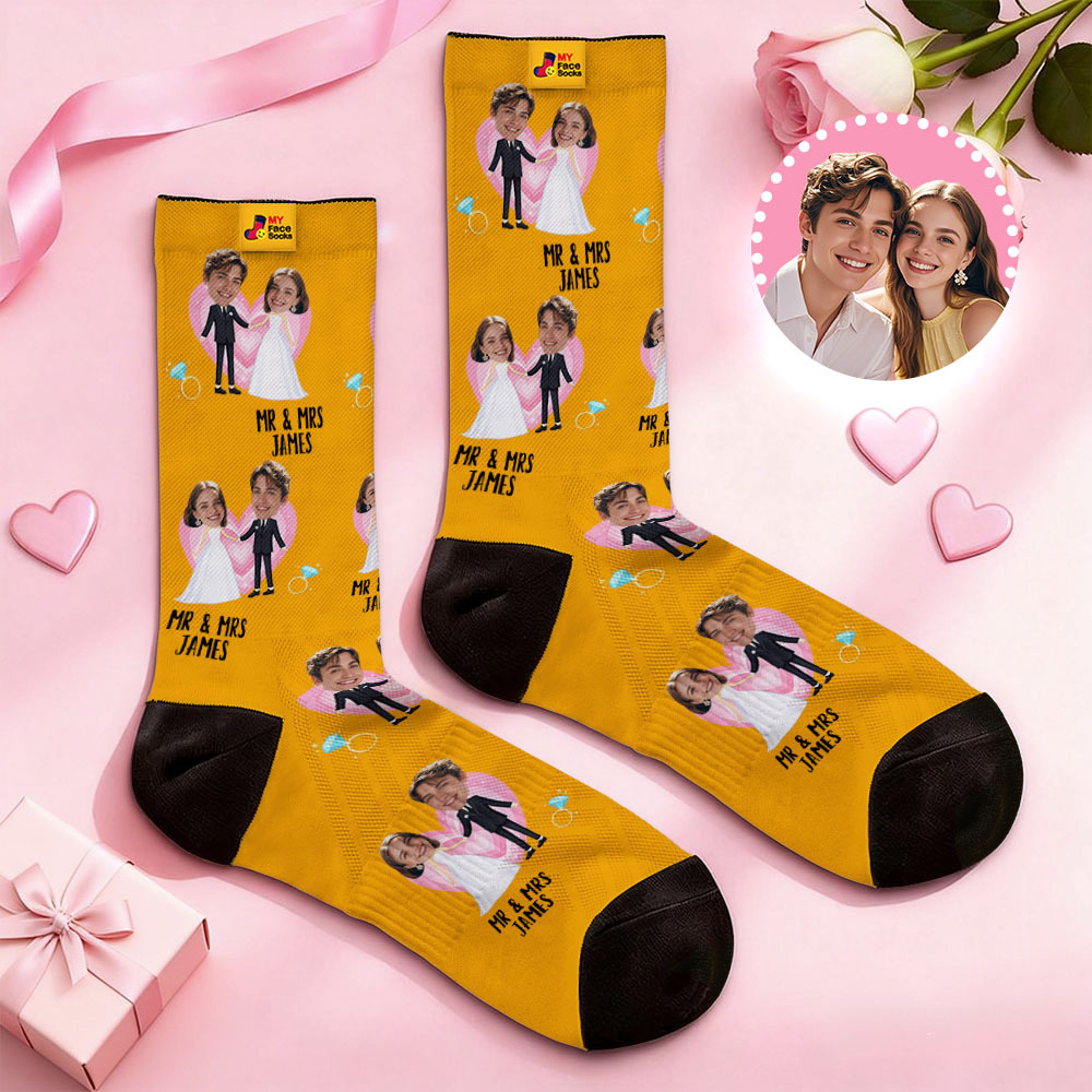 Custom Wedding Theme Colorful Face Socks Personalized Valentine Day Socks with Photo Cute Couple Gift - MyFaceSocksUK