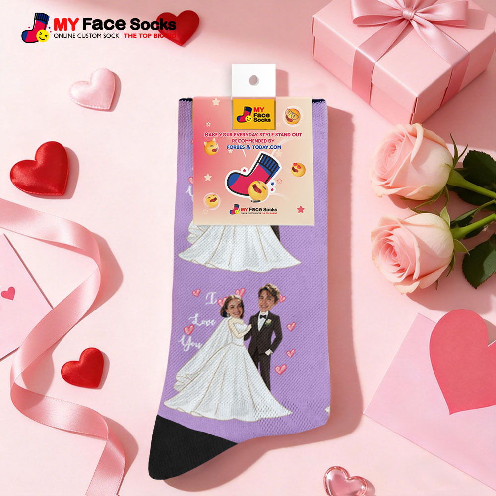 Custom Wedding Theme Purple Face Socks Personalized I Love You Valentine Day Socks with Photo Cute Couple Gift - MyFaceSocksUK