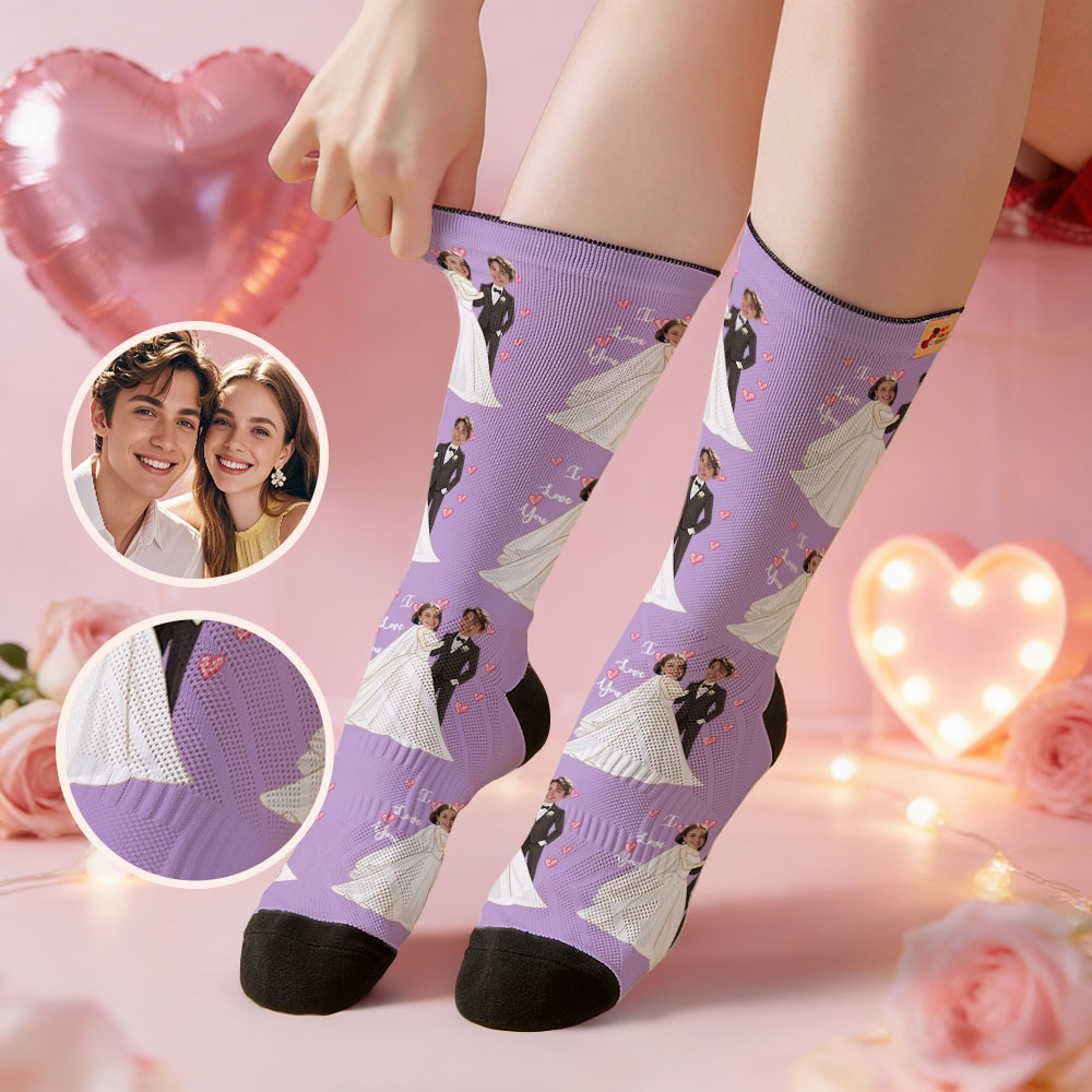 Custom Wedding Theme Purple Face Socks Personalized I Love You Valentine Day Socks with Photo Cute Couple Gift - MyFaceSocksUK