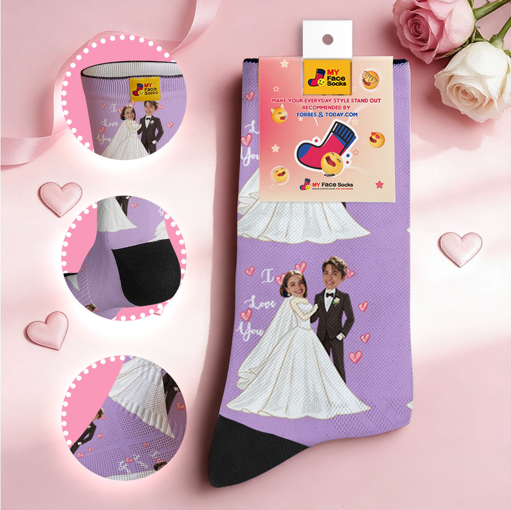 Custom Wedding Theme Purple Face Socks Personalized I Love You Valentine Day Socks with Photo Cute Couple Gift - MyFaceSocksUK