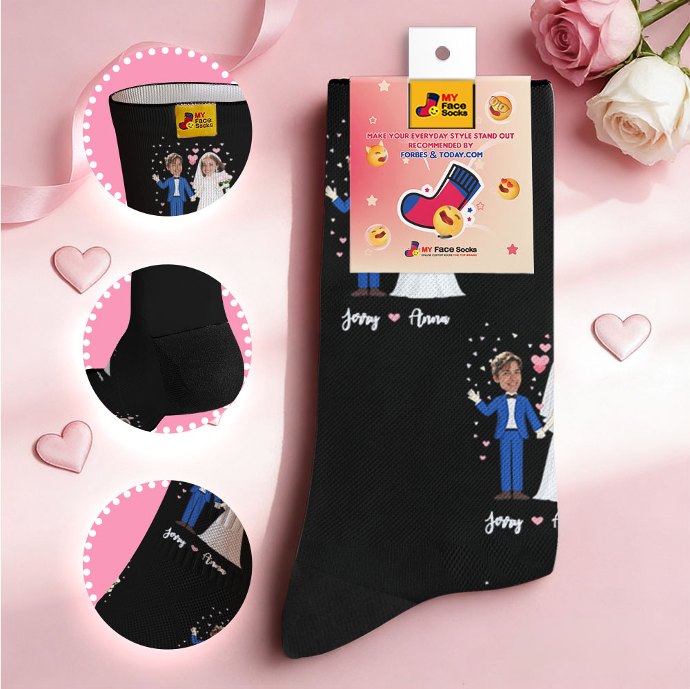 Custom Wedding Theme Black Face Socks Personalized Couple Name Valentine Day Socks with Photo Cute Couple Gift - MyFaceSocksUK