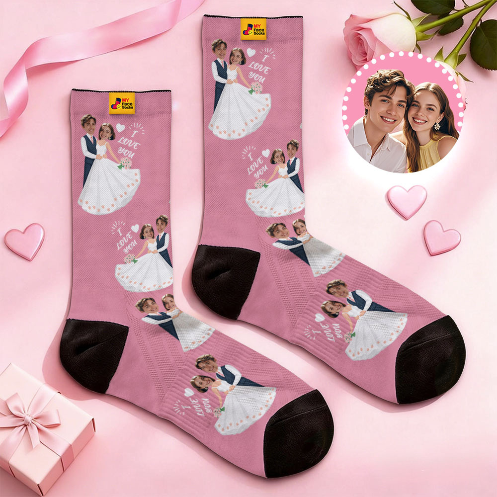 Custom Wedding Theme Black Face Socks Personalized Couple Name Valentine Day Socks with Photo Cute Couple Gift - MyFaceSocksUK