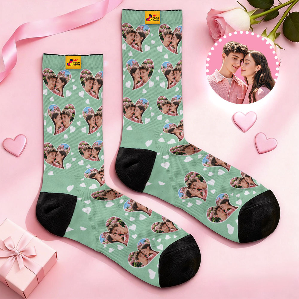 Custom Couple Theme Heart Face Socks Personalized Couple Valentine Day Socks with Photo Cute Couple Gift - MyFaceSocksUK