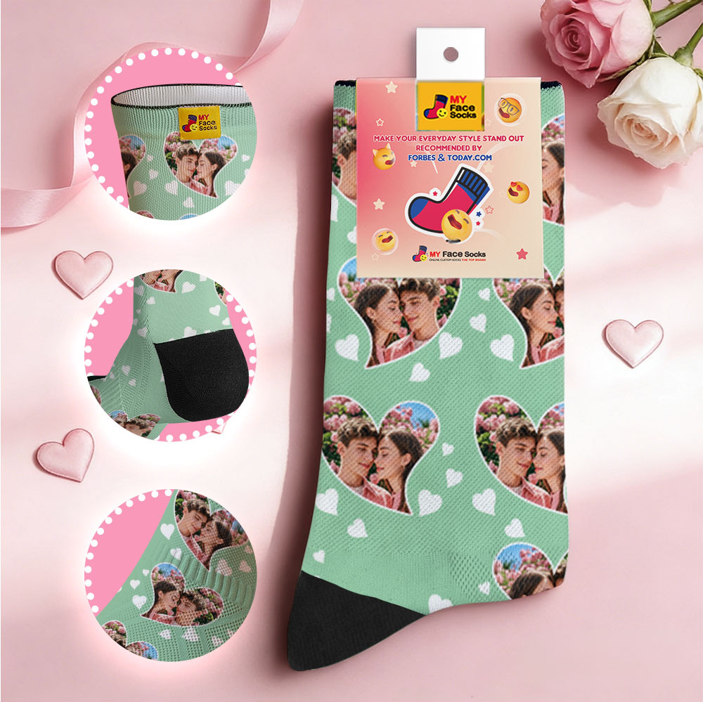 Custom Couple Theme Heart Face Socks Personalized Couple Valentine Day Socks with Photo Cute Couple Gift - MyFaceSocksUK