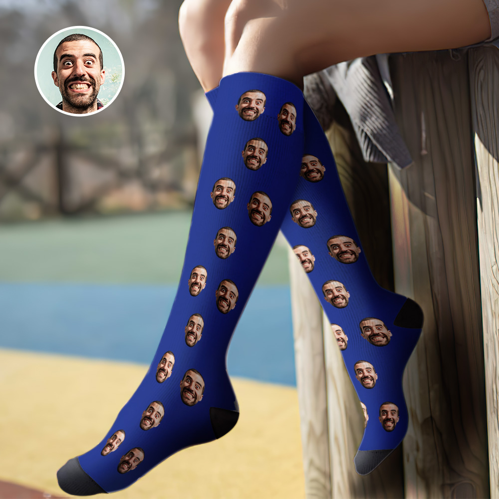 Custom Knee High Face Socks Summer Socks - Full Face Blue