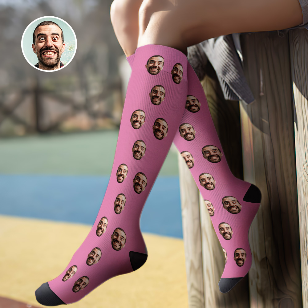 Custom Knee High Face Socks Summer Socks - Full Face Pink Color