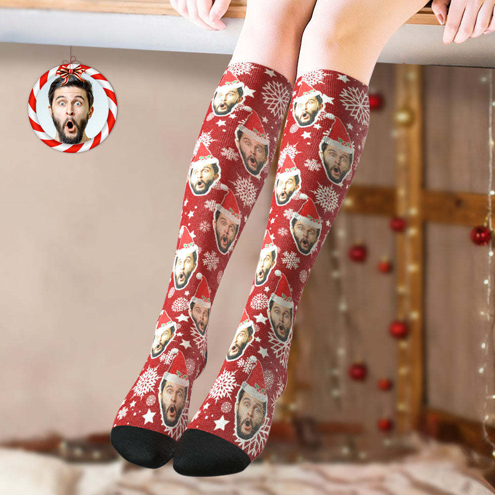 Custom Knee High Socks Personalized Face Christmas Socks Snowflake - MyFaceSocksUK