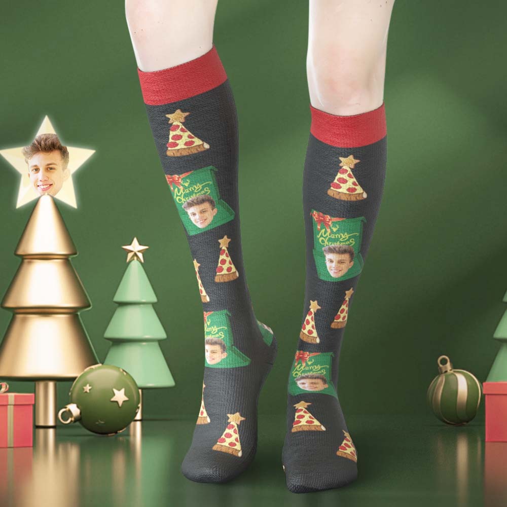 Custom Face Knee High Socks Personalised Photo Socks Christmas Hat Merry Christmas - MyFaceSocksUK
