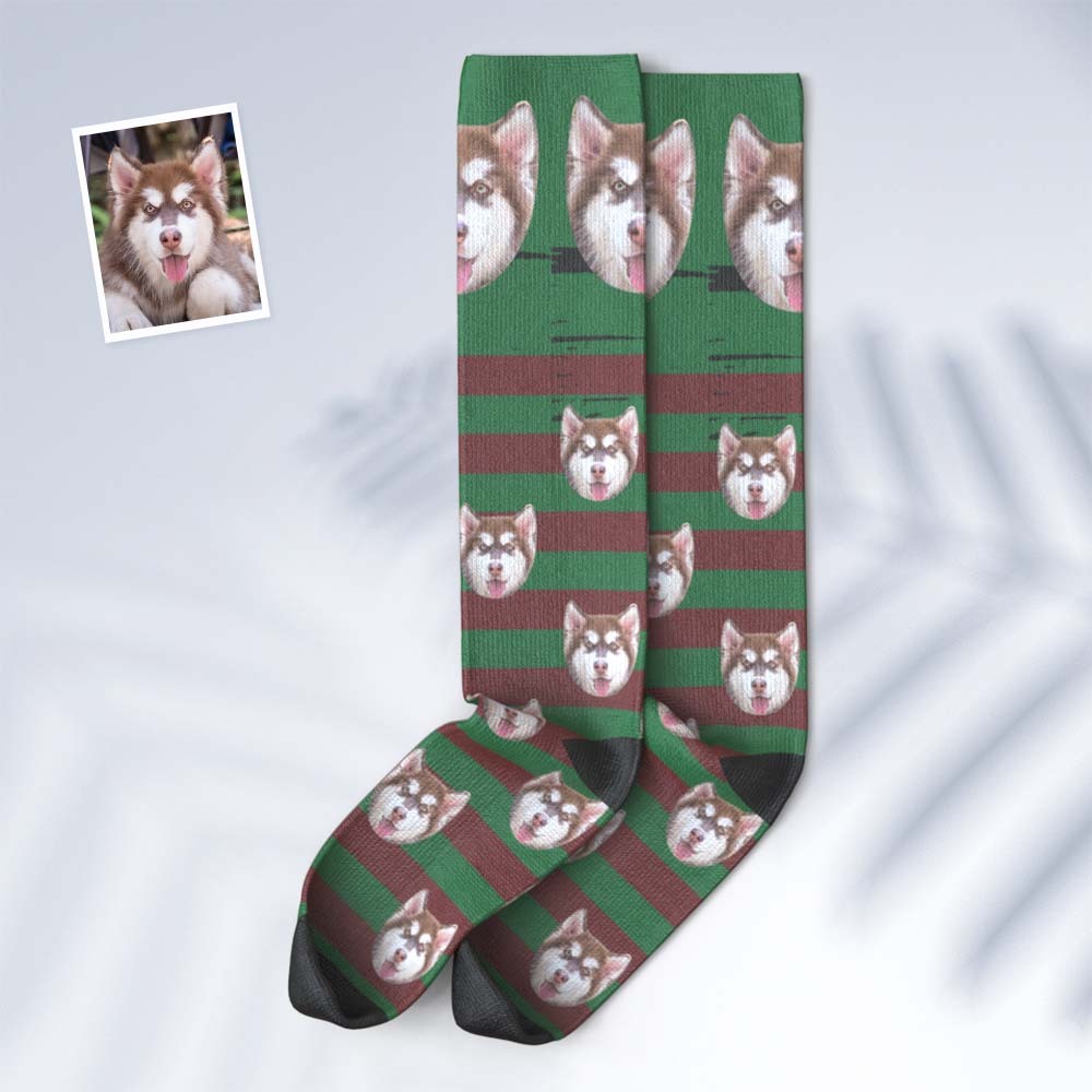 Custom Face Knee High Socks Personalised Pet's Photo Socks Christmas Gifts - Green - MyFaceSocksUK