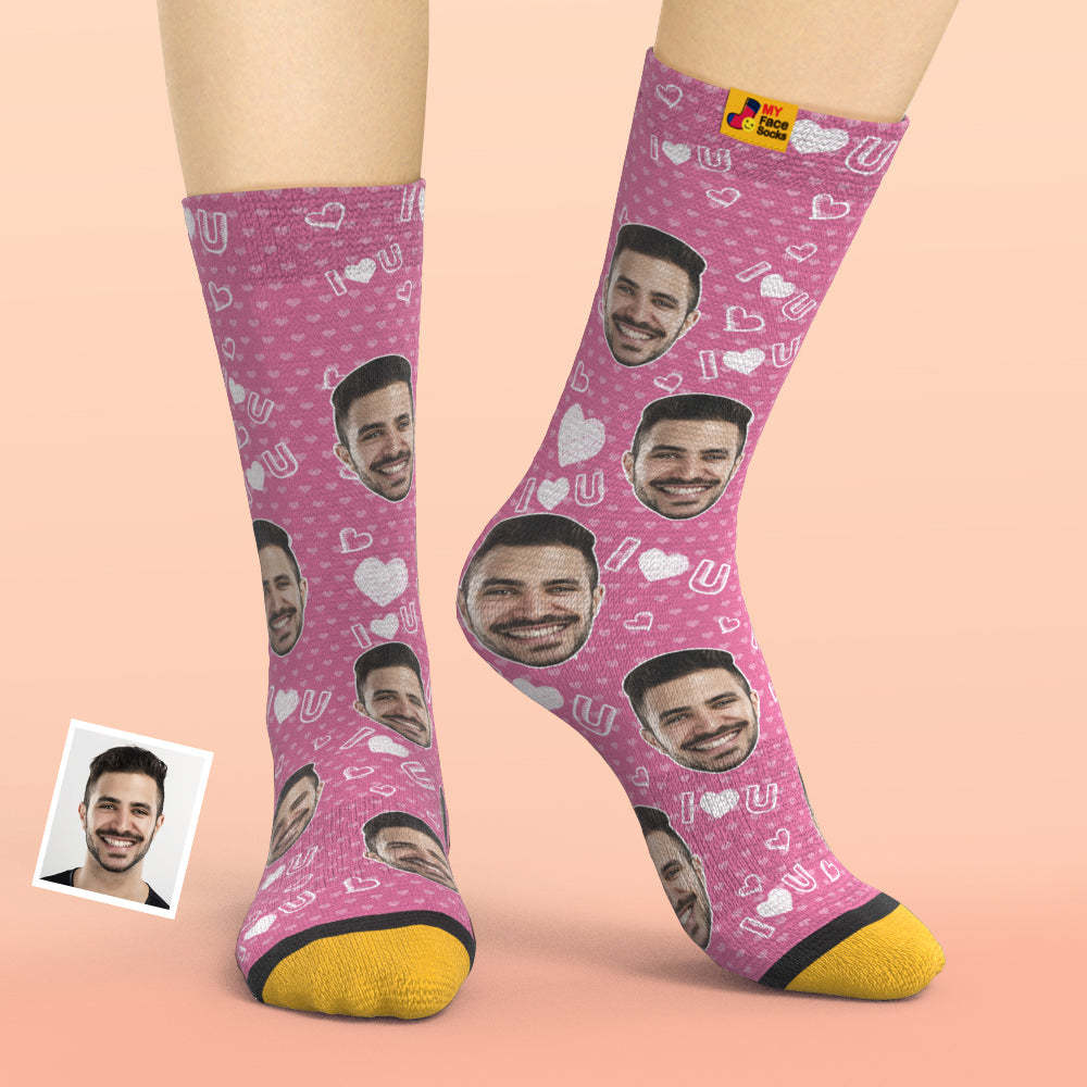 Custom 3D Digital Printed Socks Add Pictures and Name I Love U Heart - MyFaceSocksUK