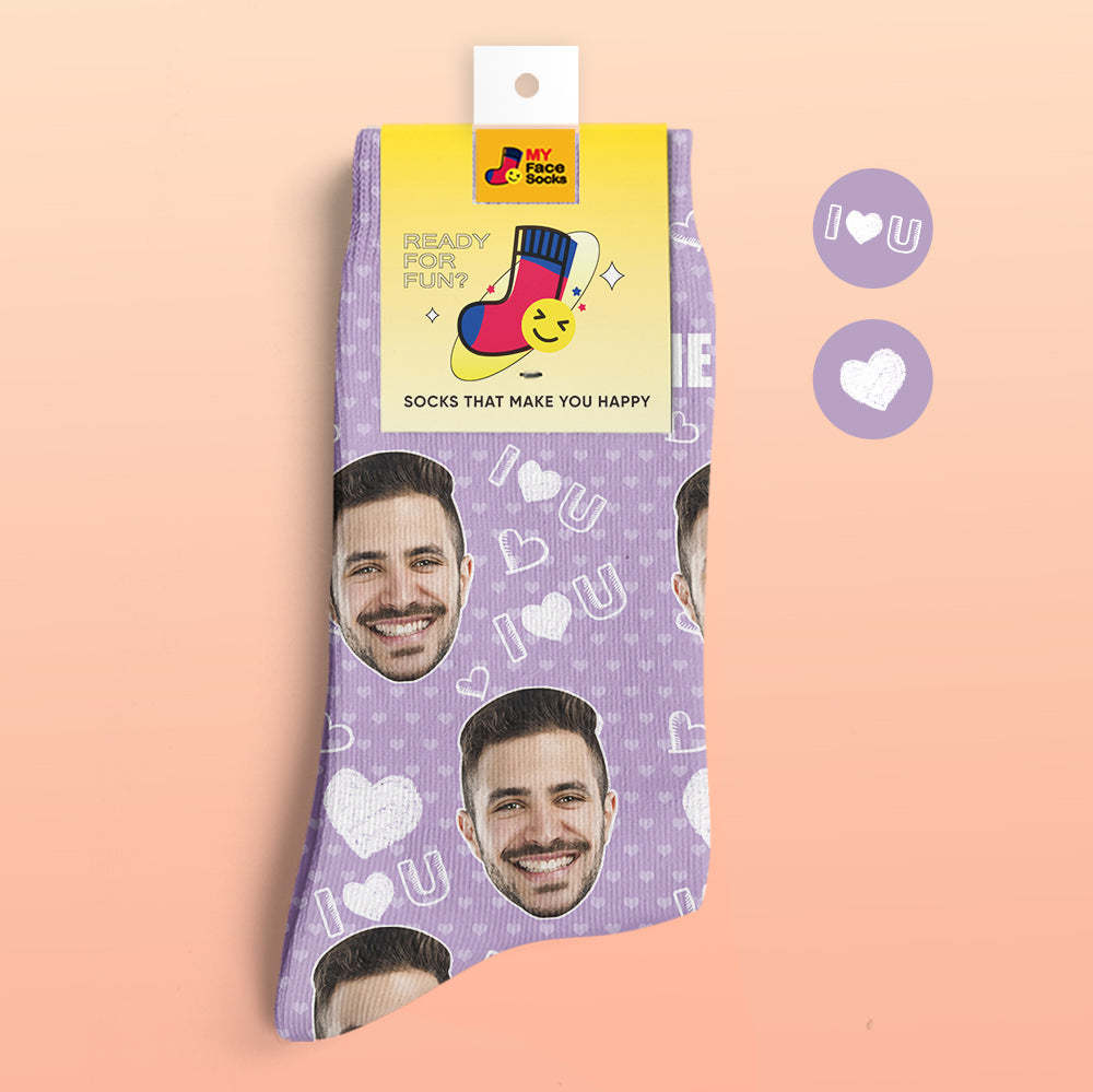 Custom 3D Digital Printed Socks Add Pictures and Name I Love U Heart - MyFaceSocksUK