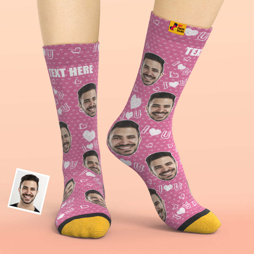 Custom 3D Digital Printed Socks Add Pictures and Name I Love U Heart - MyFaceSocksUK