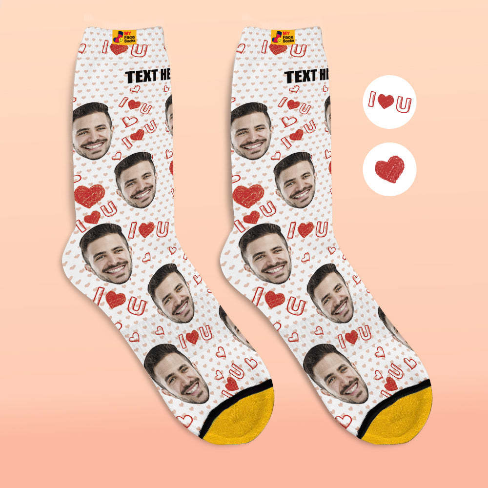 Custom 3D Digital Printed Socks Add Pictures and Name I Love U Heart - MyFaceSocksUK