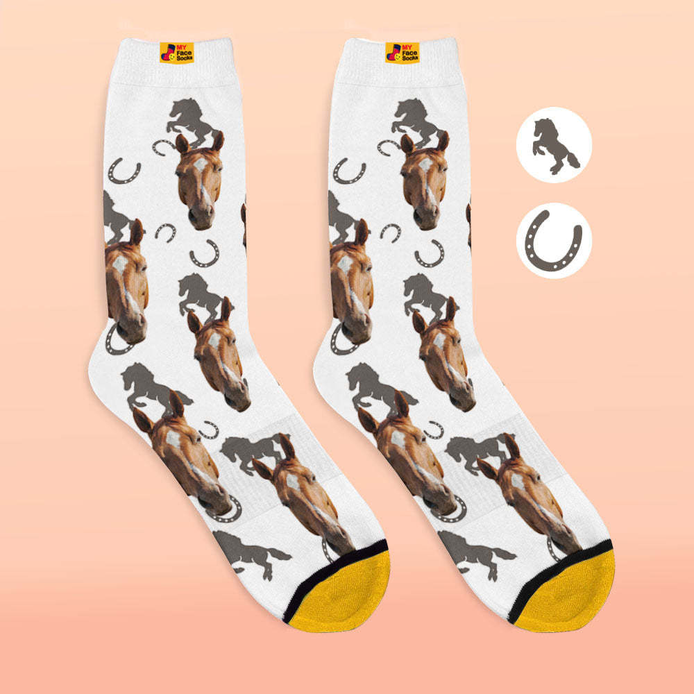 Custom 3D Digital Printed Socks Add Pictures and Name Horse - MyFaceSocksUK