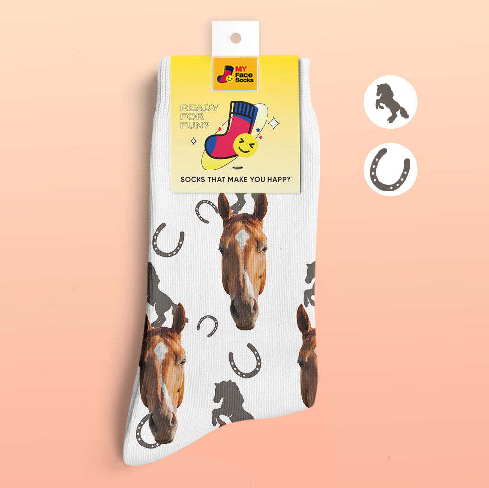 Custom 3D Digital Printed Socks Add Pictures and Name Horse - MyFaceSocksUK